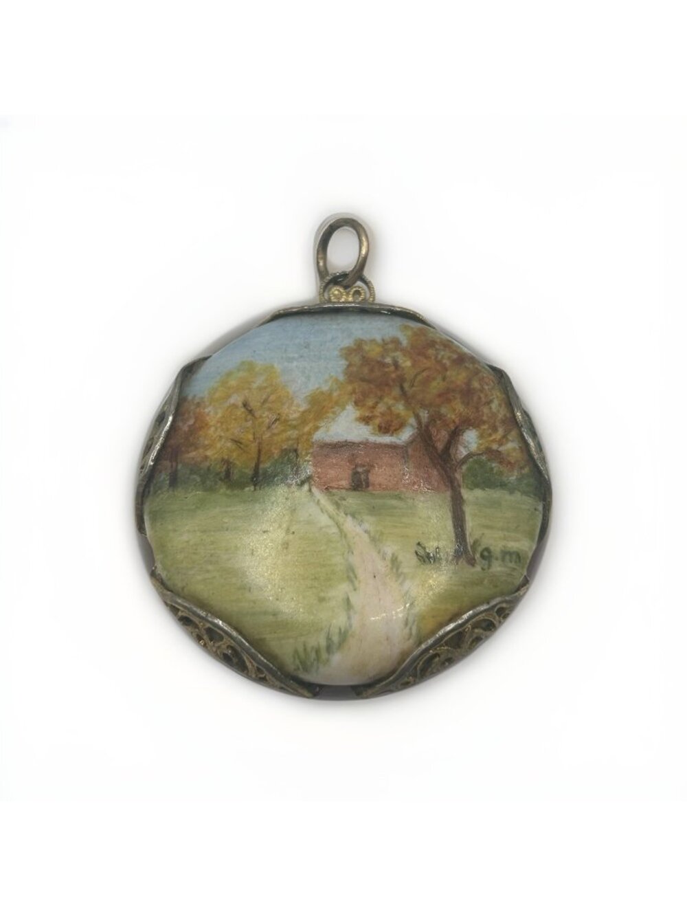 Hand Painted Porcelain Landscape Pendant Vintage Filigree Setting Signed GM Art